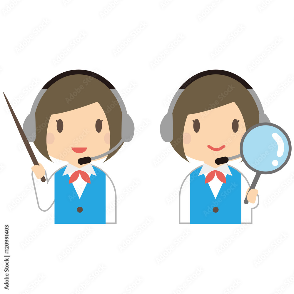 ヘッドセットをする青い制服の女性オペレーターがプレゼンと拡大