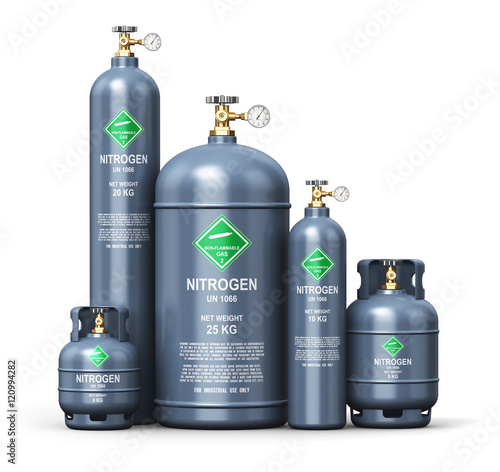 Set of different liquefied nitrogen industrial gas containers