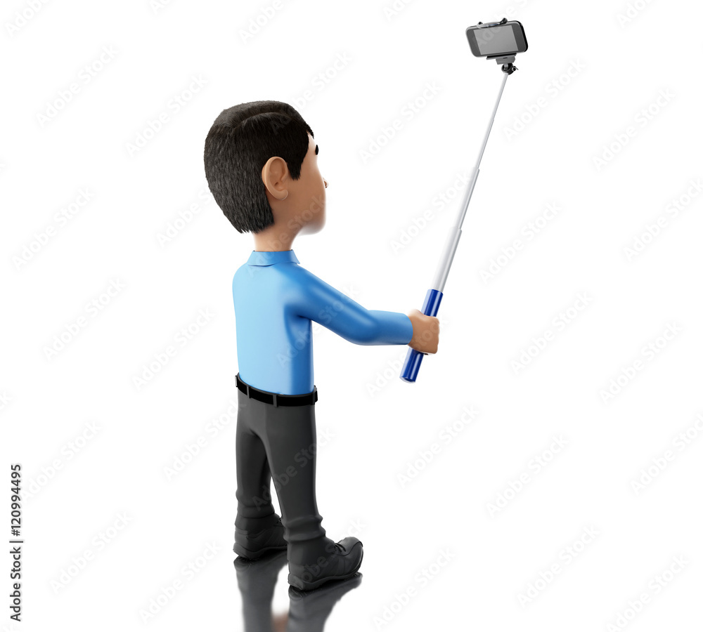 3d Man taking a selfie with selfie stick and smartphone. 3d Man taking a selfie with selfie stick and smartphone.