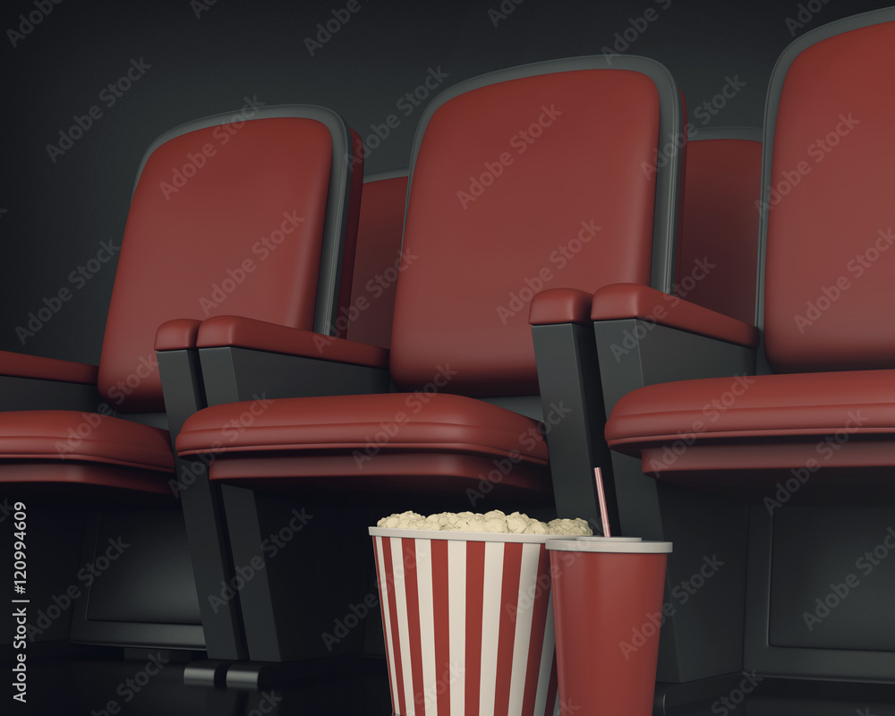 Naklejka premium 3d Cinema clapper board and popcorn on theater seat.