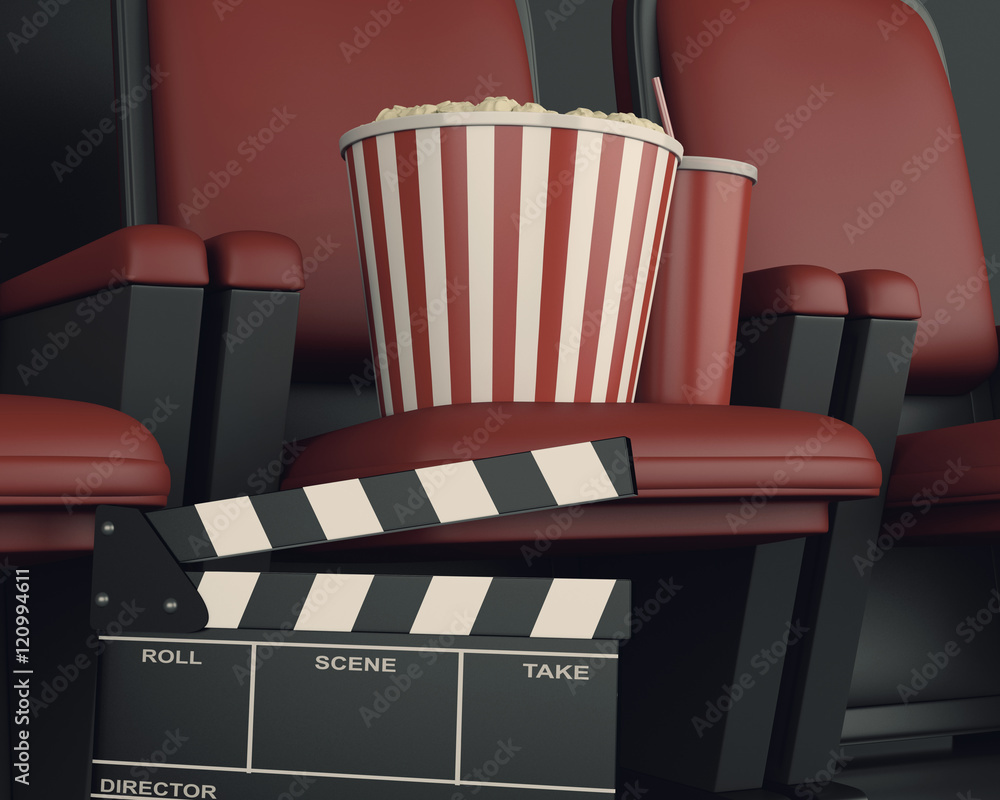 Naklejka premium 3d Cinema clapper board and popcorn on theater seat.