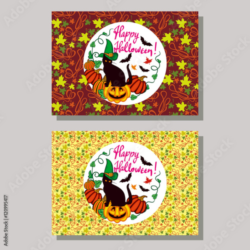 Halloween greeting card. Black cat in witch hat  pumpkin and hand drawn text  Happy Halloween  . Vector clip art.