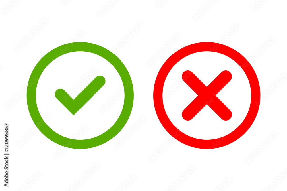 Tick and cross signs. Green checkmark OK and red X icons, isolated on white background. Simple marks graphic design. Circle symbols YES and NO button for vote, decision, web. Vector illustration Tick and cross signs. Green checkmark OK and red X icons, isolated on white background. Simple marks graphic design. Circle symbols YES and NO button for vote, decision, web. Vector illustration