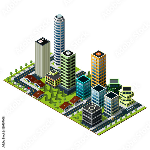 Isometric city map. Set of buildings in downtown. Real estate illustration.