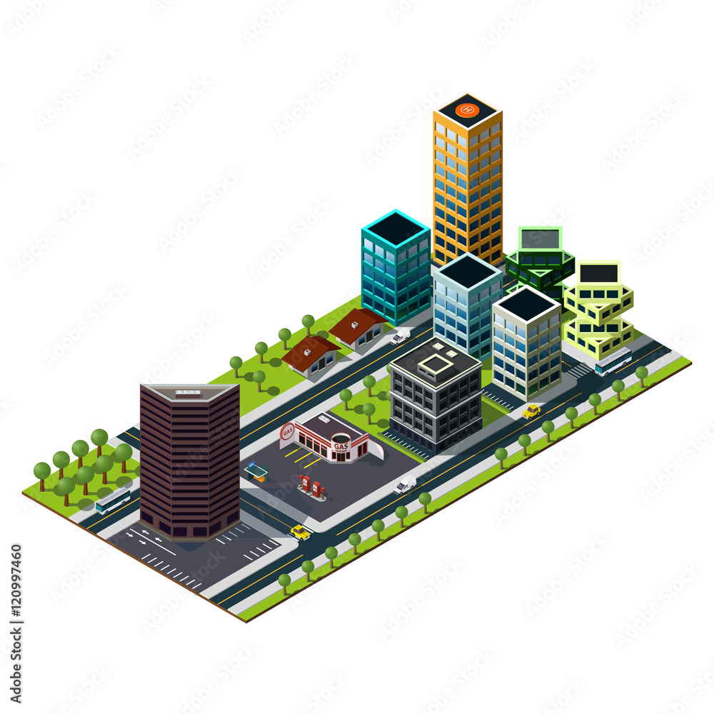Isometric gas station and bank building illustration. Skyscrapers icon.