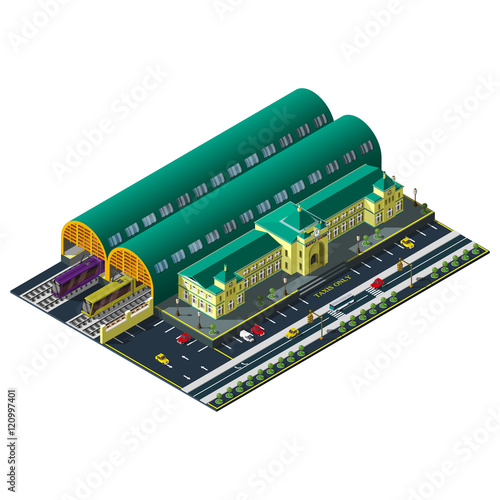 Isometric railway station. European train station icon.