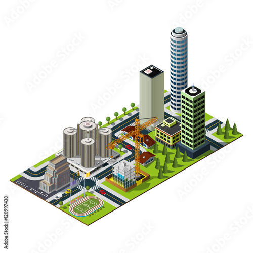 Hotel and bank illustration. Constraction and central studium illustration. Isometric city map. Skyscrapers in downtown.