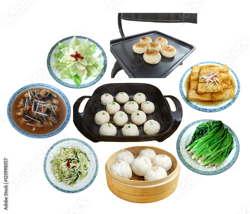 Plenty of dumplings, dim sum, tofu and vegetables on white backg photo