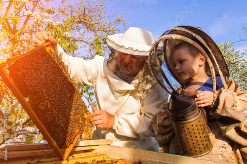Grandpa beekeeper passes his experience little grandson.