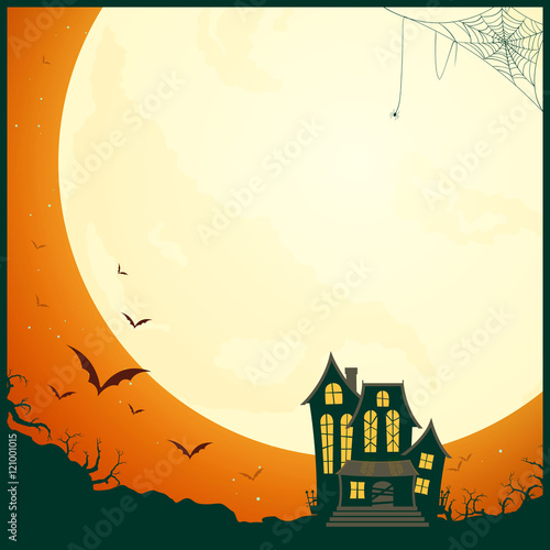 Vector Illustration of a Halloween Poster Background with Full Moon and Scary House