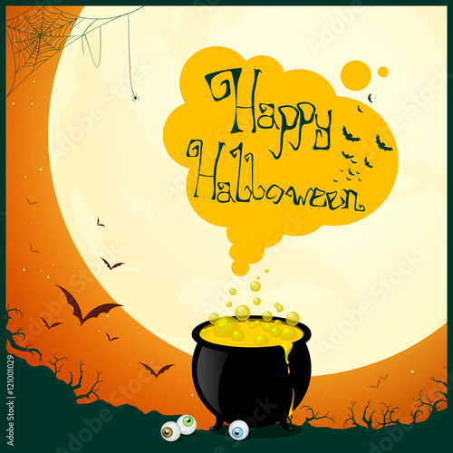 Vector Illustration of a Halloween Poster Background with Full Moon and Witch Cauldron