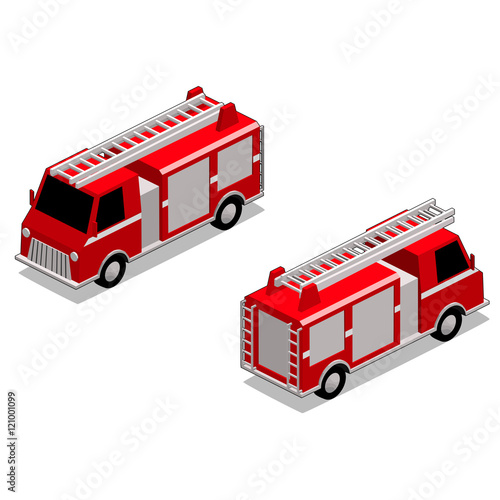 Isometric red fire fighter truck in isolated white background. The style is cell shaded, but cell shaded outline can be removed.