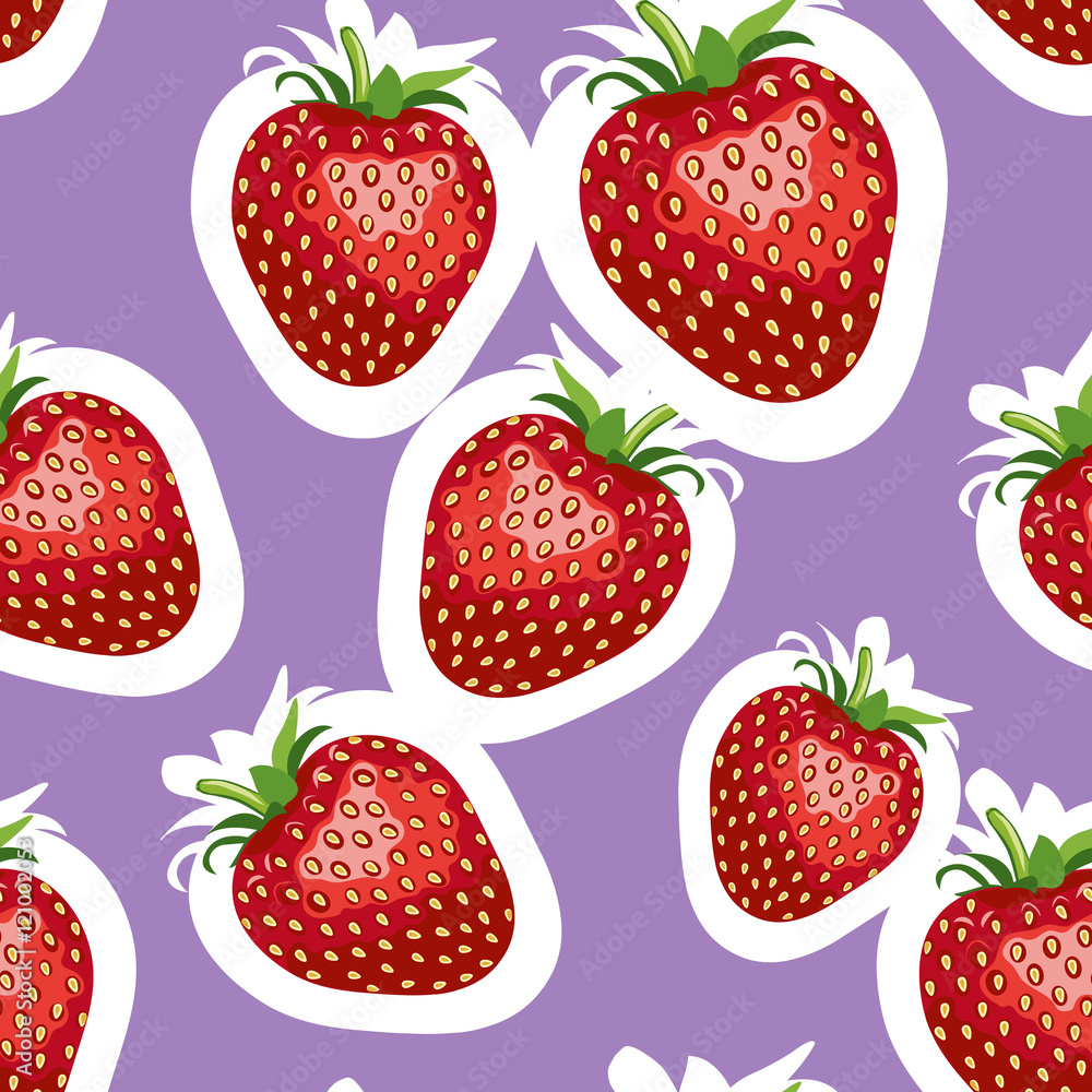 Pattern of realistic image of delicious big strawberries different sizes. Purple background Pattern of realistic image of delicious big strawberries different sizes. Purple background