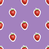 Pattern of realistic image of delicious ripe strawberries same sizes. Purple background