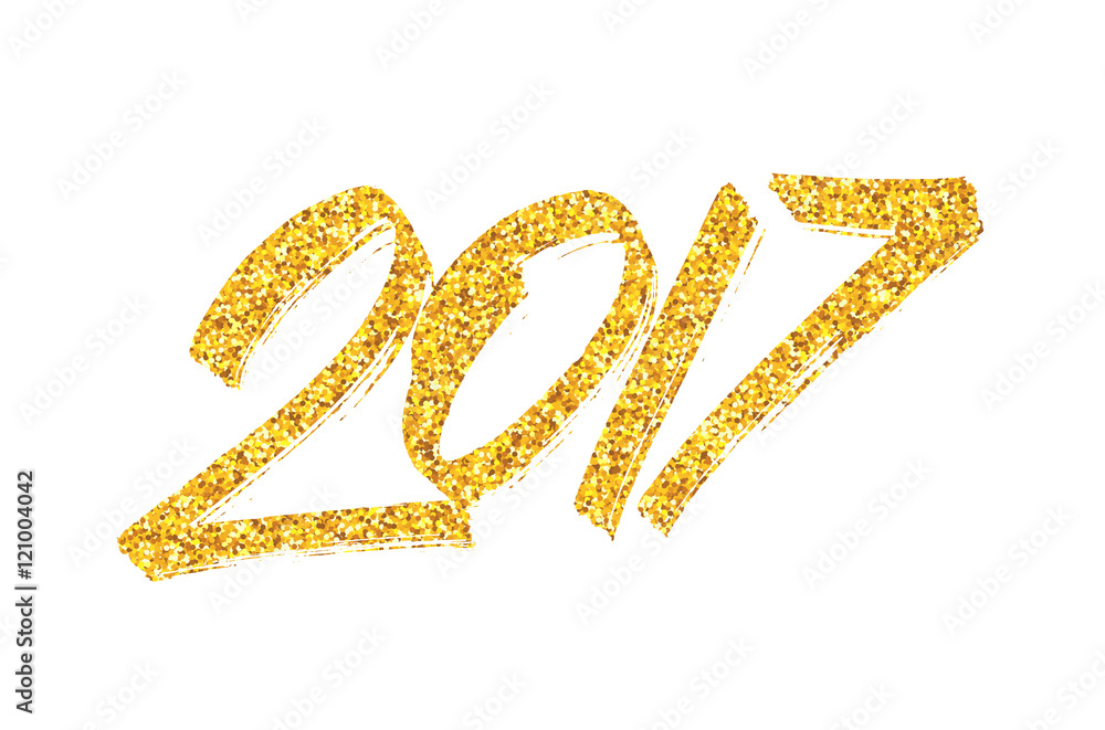Happy New Year of the Rooster greeting card design template with gold glittering texture and chinese calligraphy text 2017 isolated on white background. Vector illustration with typography Happy New Year of the Rooster greeting card design template with gold glittering texture and chinese calligraphy text 2017 isolated on white background. Vector illustration with typography