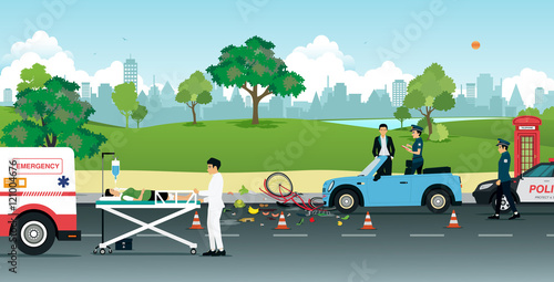 Woman cyclist hit by a car to market by assisting ambulance.