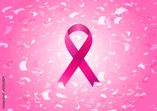 Breast cancer awareness month. Silk pink ribbon and confetti