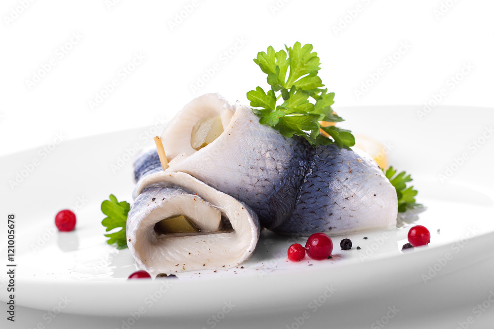 Rollmops (rolled Marinated Herring) With Marinated Cucumber, Salt ...