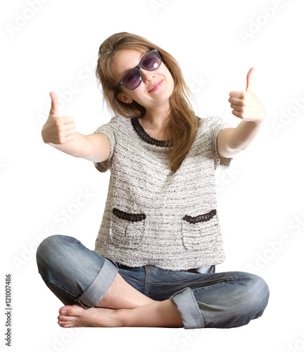 Girl sunglasses success isolated white photo