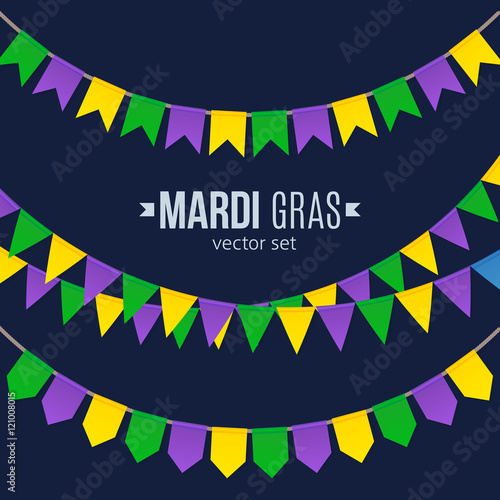 Mardi Gras traditional flags set isolated on dark background