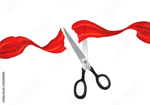 Vector scissors cutting red silky ribbon