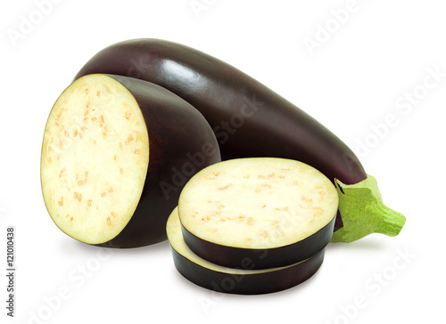 Fresh eggplant and slices isolated on a white background. Design element for product label, catalog print, web use.