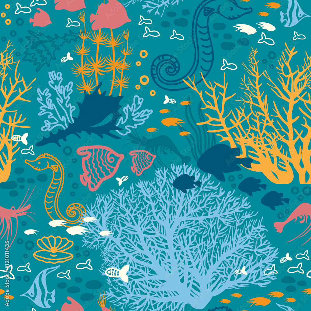 Fototapeta Seamless pattern with underwater coral and fish.