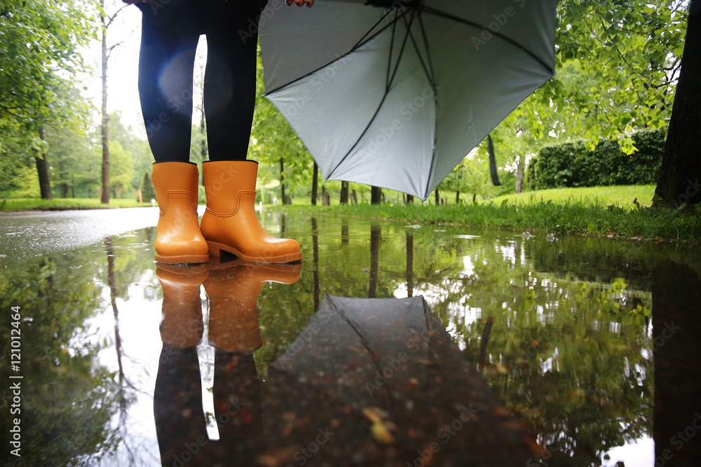 feet in rubber boots rain puddle city Stock Photo | Adobe Stock