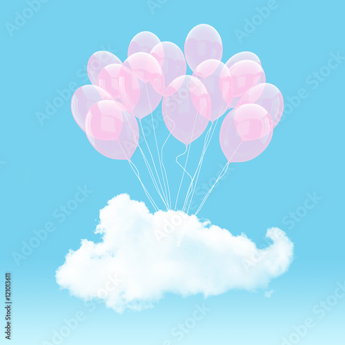 Escape conceptual- 3d bunch of balloon holding cloud into the sky background