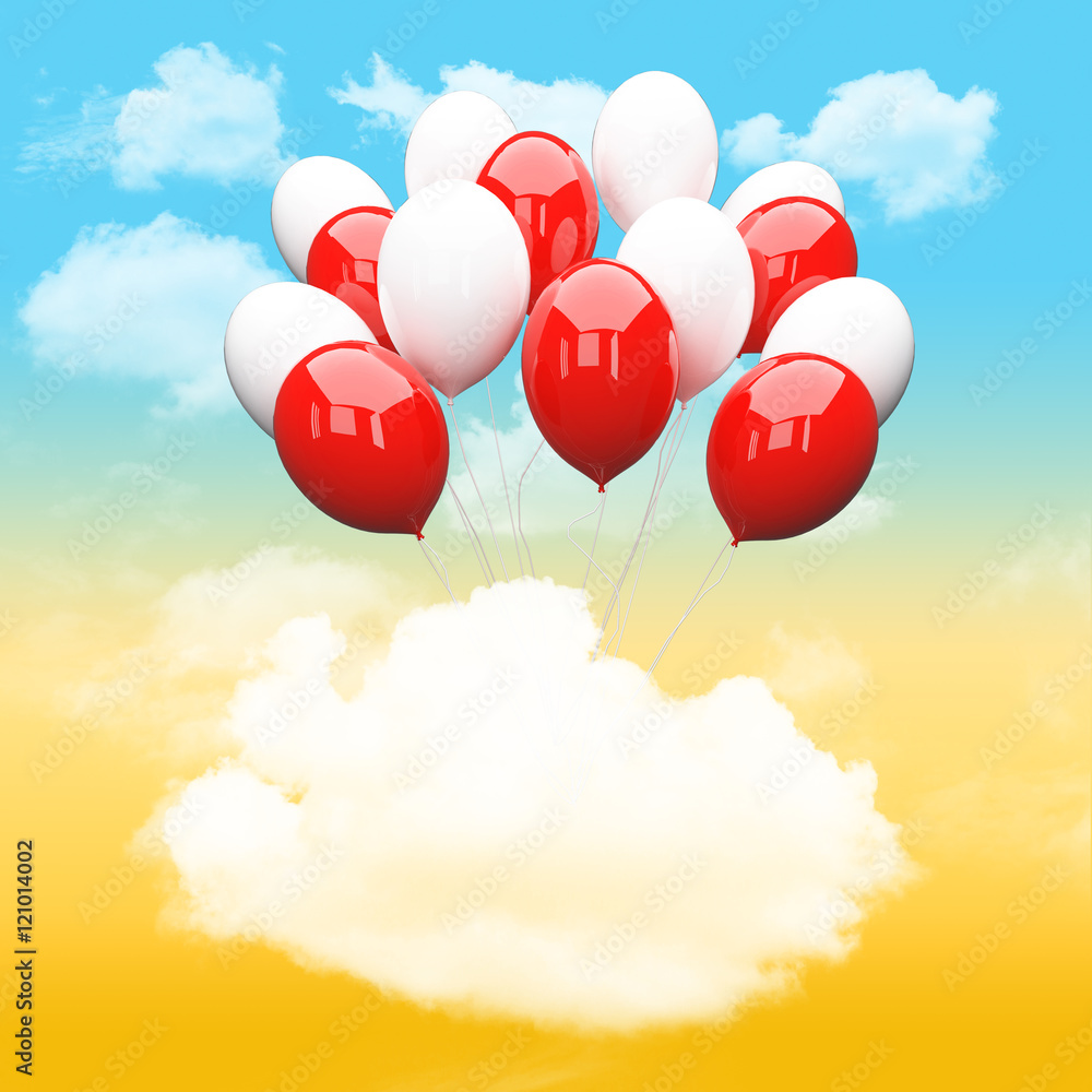 Escape conceptual3d bunch of balloons holding cloud into the sky background Escape conceptual3d bunch of balloons holding cloud into the sky background