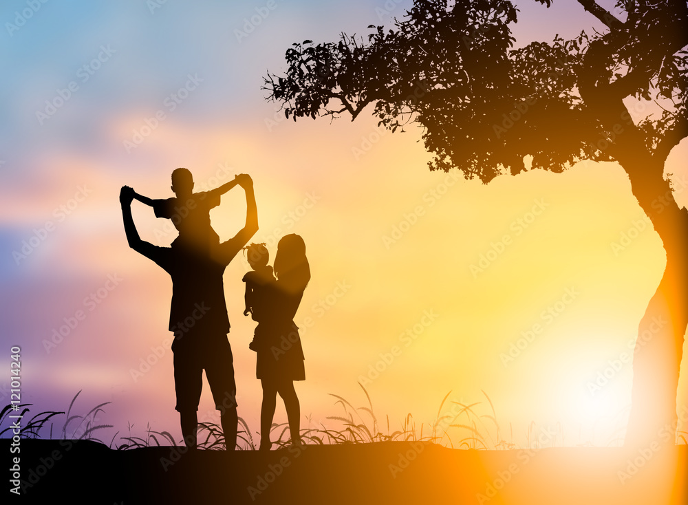Silhouette family mother, father and son, daughter playing happy