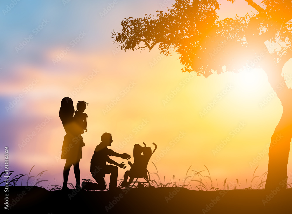 Silhouette family mother, father and son, daughter playing happy Silhouette family mother, father and son, daughter playing happy