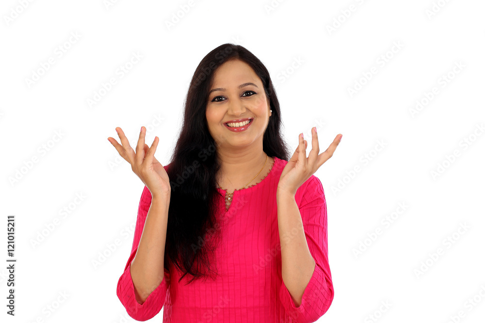 Happy young woman showing blank copy space Happy young woman showing blank copy space