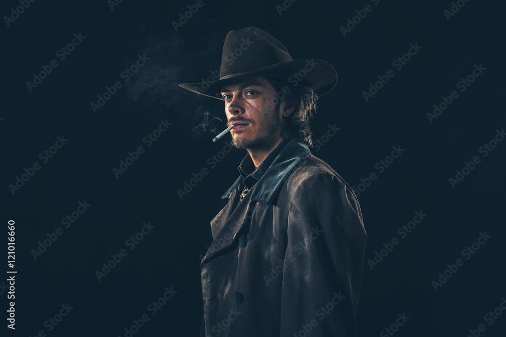 Retro Cowboy Smoking Cigarette Young Man Studio Shot Stock Photo Adobe Stock