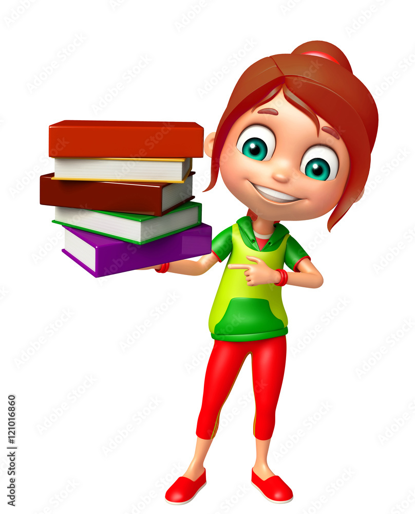 kid girl with Book stack