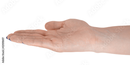 Open hand giving something, middle-aged female's skin, blue manicure. Isolated on white background