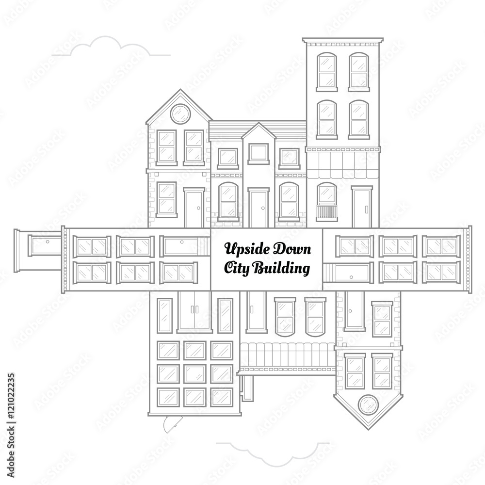 City Upside Down Drawing concept with outline linear style