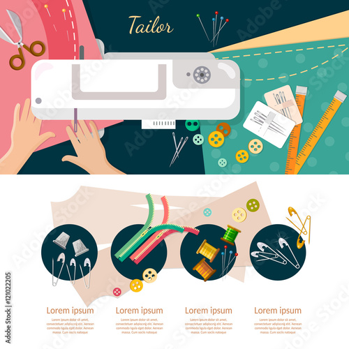 Seamstress work on sewing machine infographic elements top view