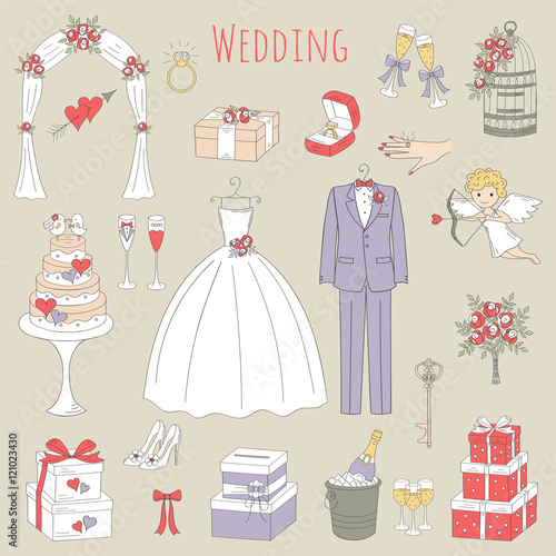 Vector set of hand drawn wedding icons wedding dress, suit, cake, cupid angel, bouquet, ring, arch, gift box, birdcage, champagne isolated doodle sketch illustrations.