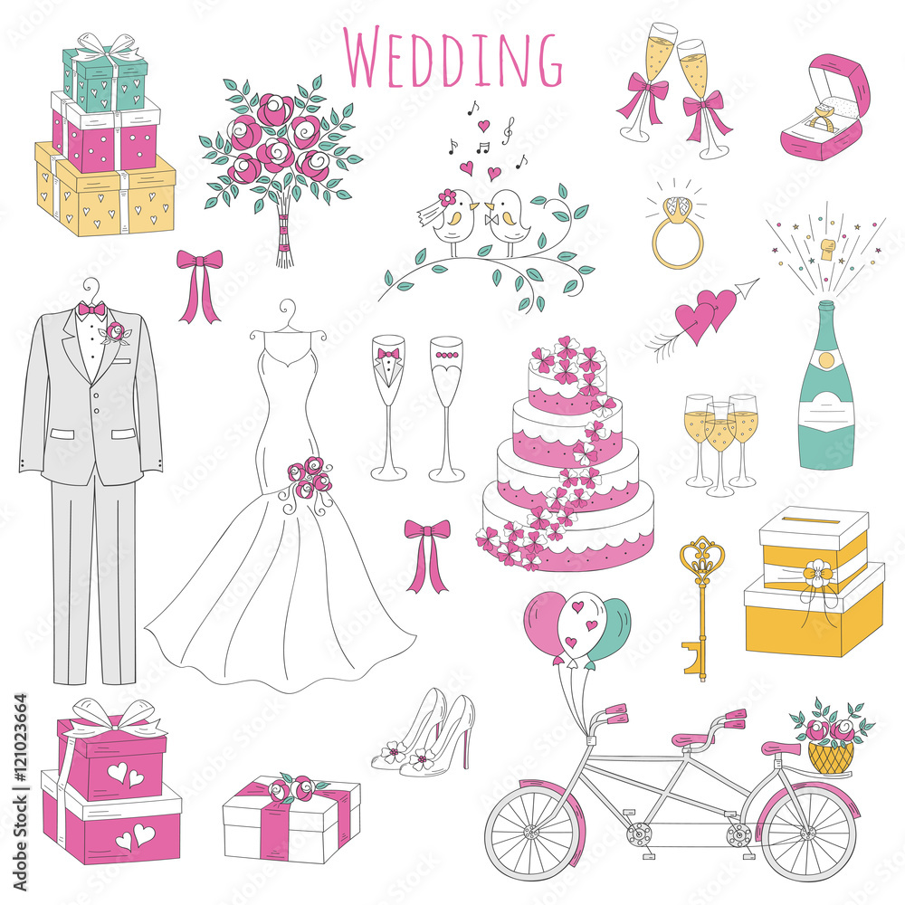 Vector set of hand drawn wedding icons bride, dress, groom, wedding cake, bicycle, bouquet,champagne, ring, gift box, birdcage isolated doodle sketch illustrations. Vector set of hand drawn wedding icons bride, dress, groom, wedding cake, bicycle, bouquet,champagne, ring, gift box, birdcage isolated doodle sketch illustrations.