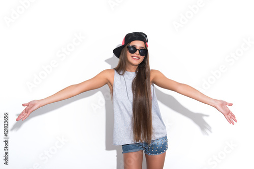 Happy young woman expressing positive emotions