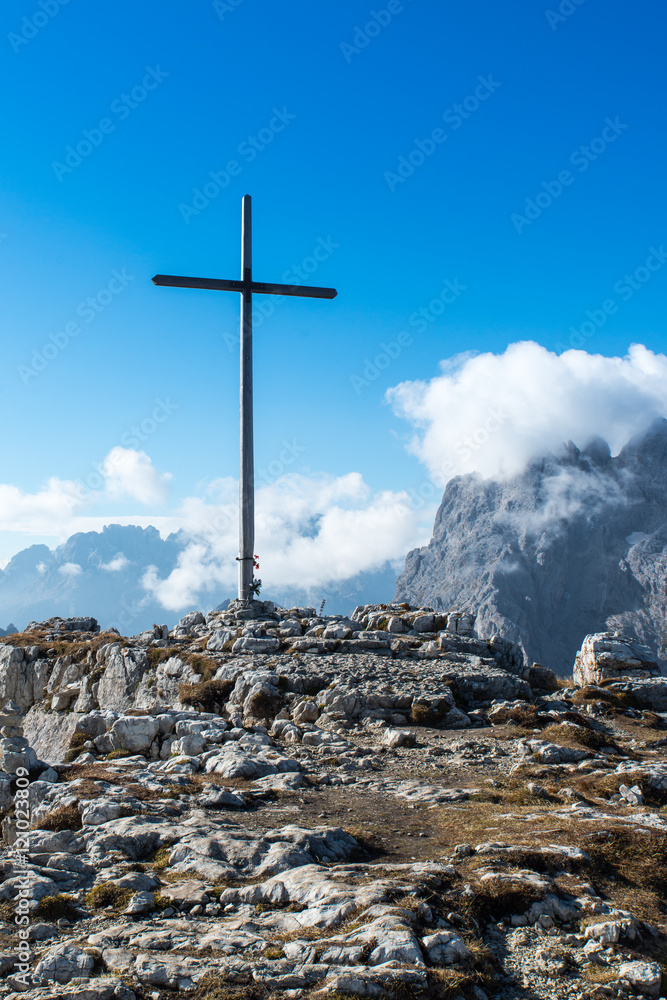 Cross on the summit of Monte Piana in Italy Cross on the summit of Monte Piana in Italy
