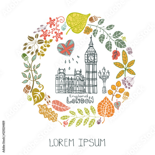 London  landmark.Autumn leaves wreath,Big Ben