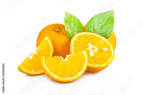 Orange slices with leaves isolated on white background
