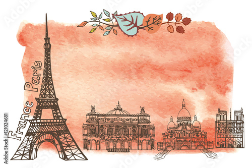 Autumn in Paris.Landmarks,leaves,watercolor splash 