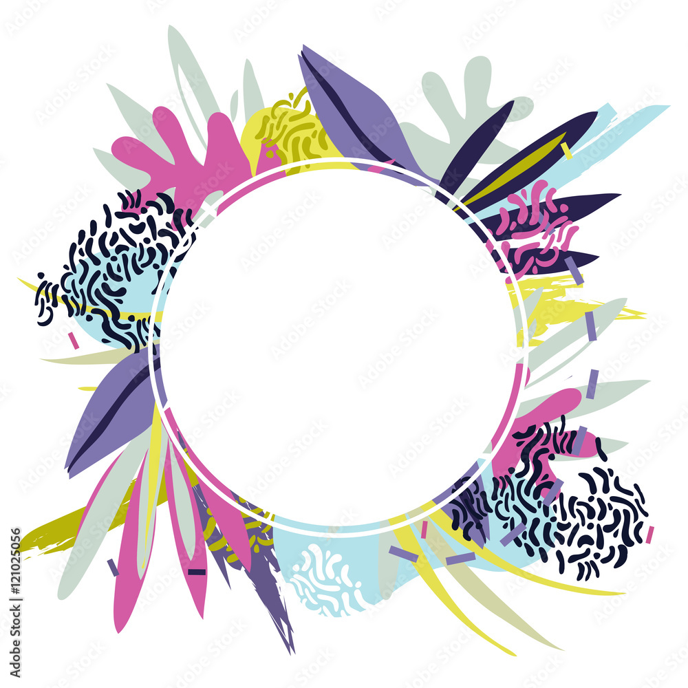 Abstract floral elements paper collage.Vector illustration hand drawn round template.Sketch ready for contemporary scandinavian flat design- poster, invitation, post card, t-shirt design.