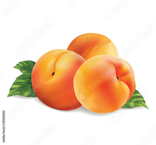 Three peach fruit with leaves isolated on white background. 