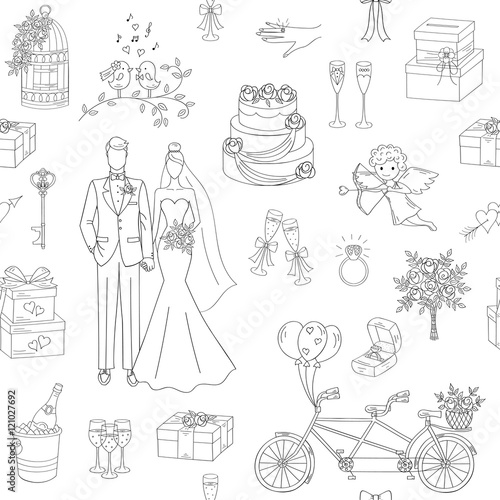Wedding vector seamless background with hand drawn icons bride, groom, wedding cake, cupid, bicycle, bouquet, ring, arch, gift box, birdcage, champagne.