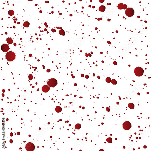 Halloween seamless pattern with red ink spots, drips and splashes that look like blood texture on white background.