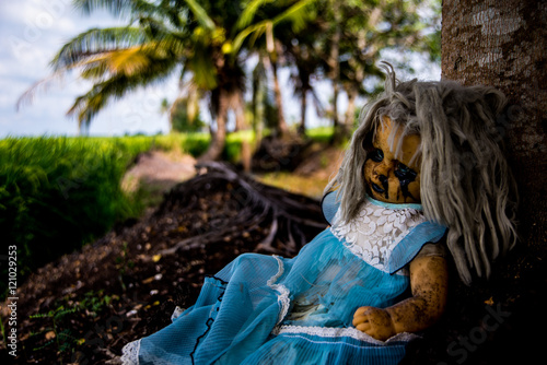 Close up of scary baby doll of halloween